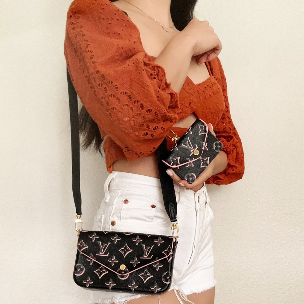 Louis Vuitton Multi Pochette Felicie Bag Crossbody M81471 Black Pink Card Wallet